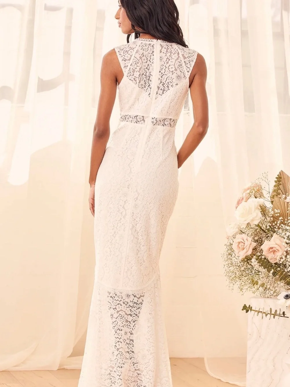 Ivory Lace V-Neck Bridal Maxi Dress with Sheer Waist